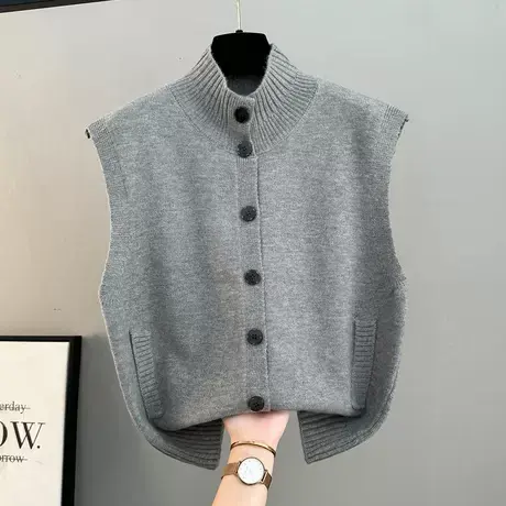 半高领排扣针织马甲女款2025秋冬季新款宽松外搭坎肩毛衣开衫背心商品大图
