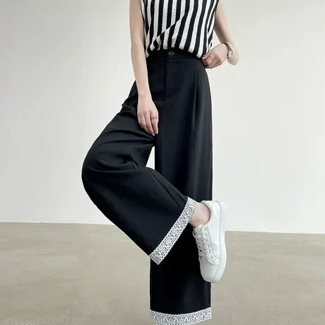 黑色蕾丝花边西装裤子女春夏薄款高腰宽松休闲垂感九分直筒阔腿裤商品大图