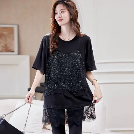 宝诗黎【新品价178元】中长款亮片蕾丝T恤APY1009商品大图