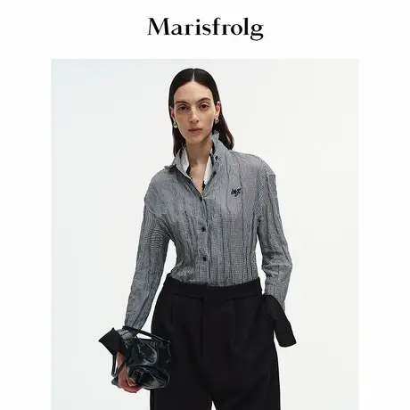 Marisfrolg玛丝菲尔2025秋新款砂青灰褶皱感钉珠艺术感长袖衬衫图片