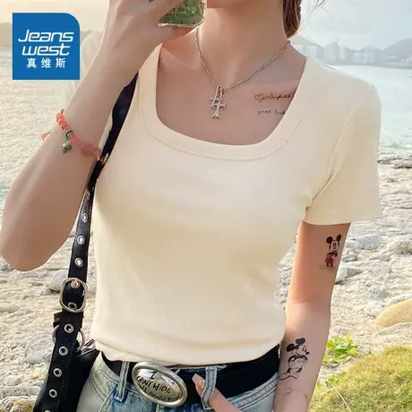 KMV真维斯方领短袖t恤女夏季2025新款正肩修身显瘦甜辣纯欲短上衣图片