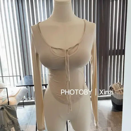 现货~韩国东大门秋新款系带长袖紧身收腰长袖纯色T恤商品大图