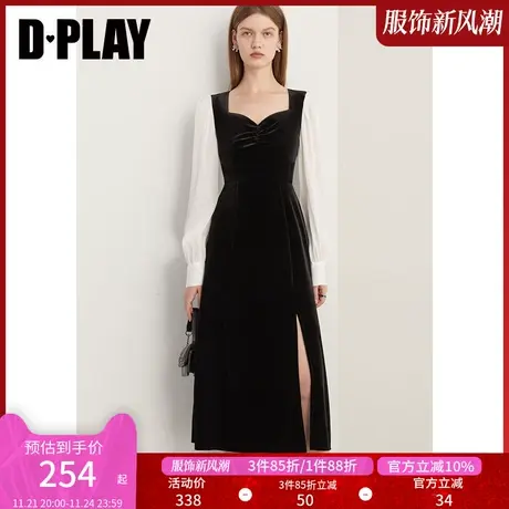 DPLAY法式宫廷领黑色鎏光纱小黑裙礼服丝绒长袖连衣裙裙子女商品大图