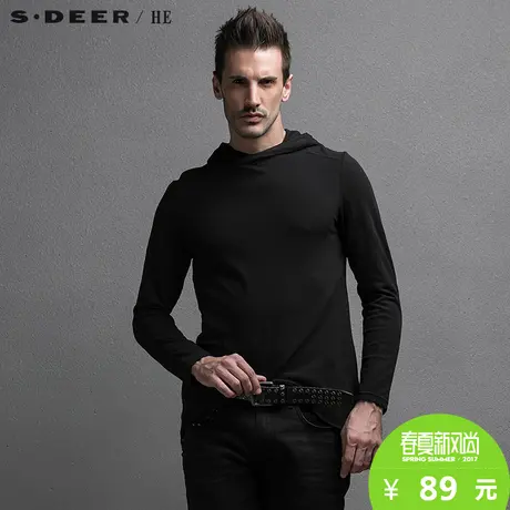 sdeerhe圣迪奥男装个性时尚运动连帽纯棉黑色长袖上衣男H15270213图片