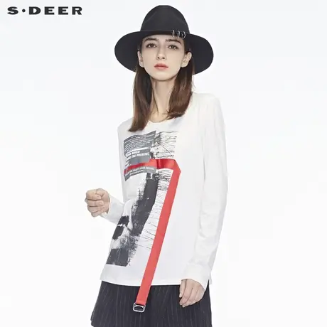 sdeer圣迪奥打底衫女春英文字母装饰开衩下摆圆领针织衫S18480247图片