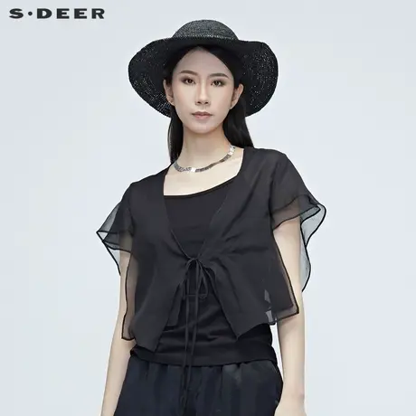 sdeer圣迪奥夏季女装飘逸雪纺飘带黑色空调衫开衫外套S20282202图片