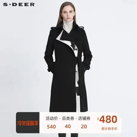 sdeer圣迪奥风衣外套女装时尚翻领拼接印花收腰毛呢大衣S20481803图片