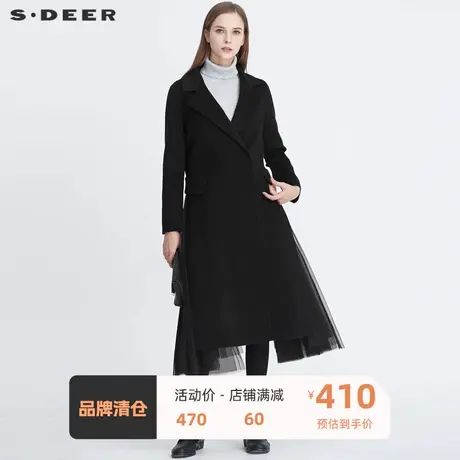 sdeer圣迪奥女装休闲西装领网纱拼接中长款毛呢大衣S20481825图片