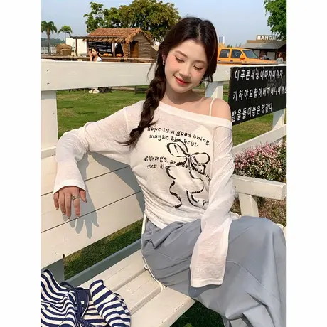 尔给夏季绝美薄款微透T恤女莱赛尔斜肩两穿长袖上衣女图片