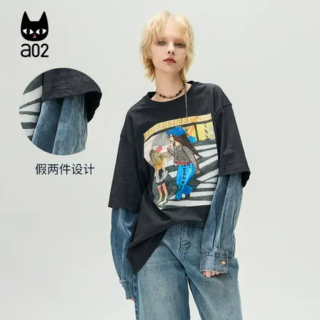 a02【ET自然系列】假两件拼接长袖T恤女2025春季新款气质上衣图片