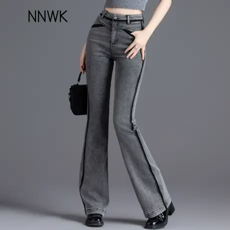 黑灰撞色微喇牛仔裤女春秋季2025新款爆款阴影烟灰色喇叭裤长裤子商品大图