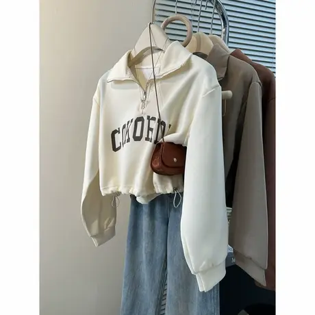 小个子短款收腰下摆卫衣女秋季薄款韩版宽松显瘦半拉链Polo领上衣图片