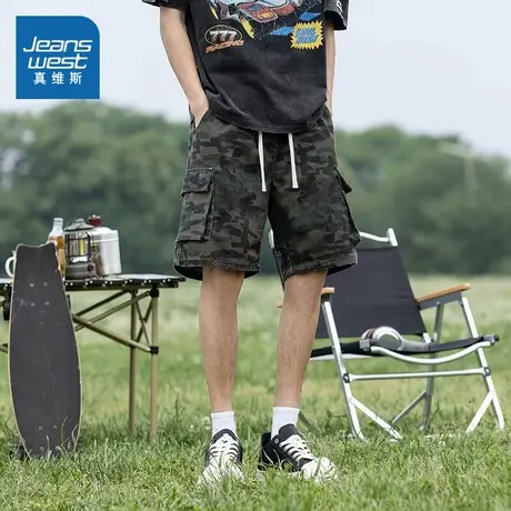 KF真维斯男装2025夏季新款美式复古迷彩宽松男款工装抽绳短裤图片