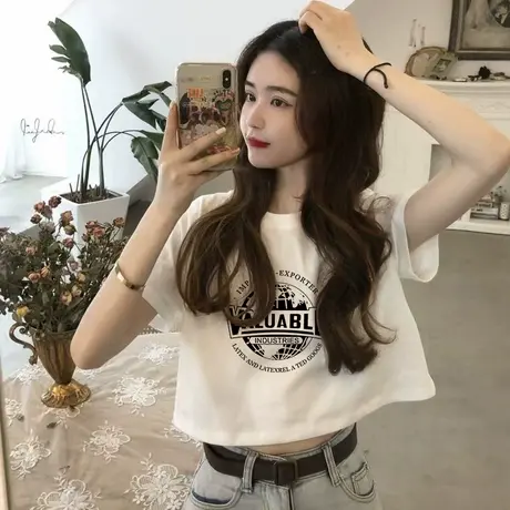 白色夏季棉质短款t恤女2025新款显瘦短袖设计感小众正肩上衣ins潮商品大图