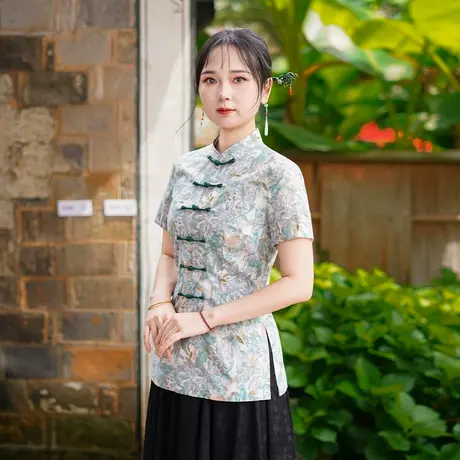 筠雅夏季新款唐装上衣女中式改良复古时尚前襟系扣短袖上衣25J287商品大图