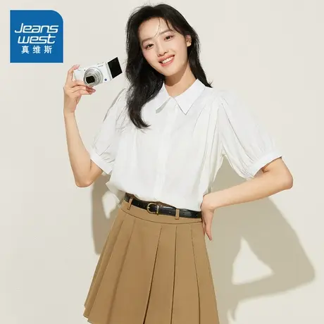 YD真维斯女装翻领短袖衬衣2025春季新款女式时尚纯色短袖衬衫上衣商品大图