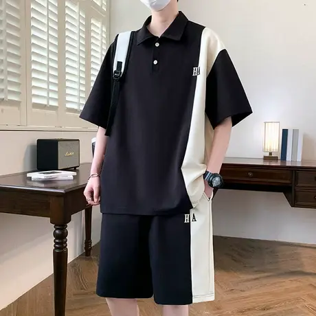 polo衫短袖t恤男生夏季冰丝套装休闲宽松运动短裤穿搭一整套潮流图片