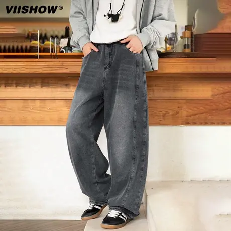 VIISHOW潮牌牛仔裤男秋季宽松直筒休闲水洗复古做旧情侣阔腿裤子商品大图