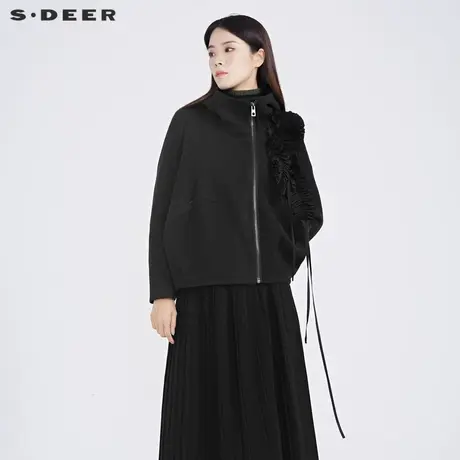 sdeer圣迪奥女装高领连帽不规则系带毛呢外套S214Z2218🔭商品大图