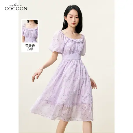 miss COCOON法式雪纺碎花连衣裙女2023夏装新款紫色方领气质裙子商品大图