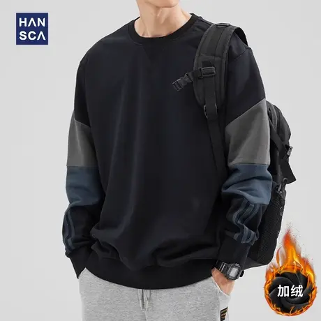 hansca美式拼接圆领加绒卫衣男2024秋冬季加厚宽松运动套头上衣服图片