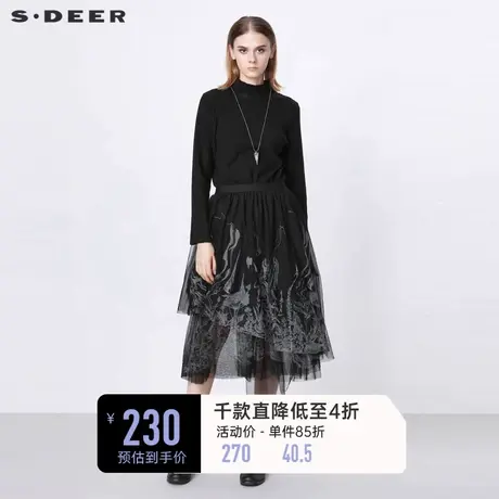 sdeer圣迪奥女装春装半高领针织印花网纱拼接连衣裙S21381203💥商品大图