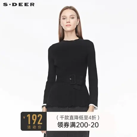 sdeer 😀圣迪奥 😁女装圆领肌理不规则撞色喇叭袖收腰针织S194835K5商品大图