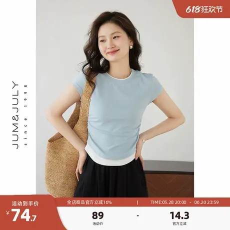 嘉茱莉夏季新款撞色拼接假两件短袖T恤女设计感正肩内搭修身上衣商品大图