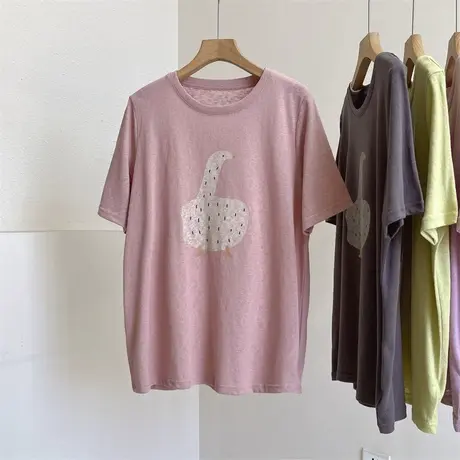 雪花棉大鹅印花短袖T恤女夏宽松休闲百搭设计感减龄上衣打底衫商品大图