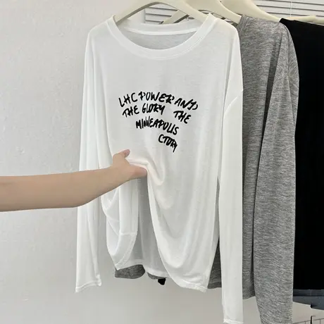 长袖空调罩衫T恤女2025夏季新款宽松韩版字母印花薄款防晒衫上衣商品大图