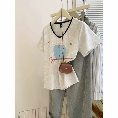 oversize宽松v领短袖t恤女大码夏遮肉胖mm多巴胺上衣美式体恤ins商品大图