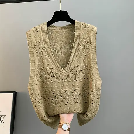 文艺范纯色钩花镂空针织马甲背心女春季新款宽松套头马夹无袖坎肩商品大图