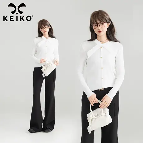 KEIKO 优雅系带修身针织上衣25春夏法式弹力坑条白色套头打底衫图片