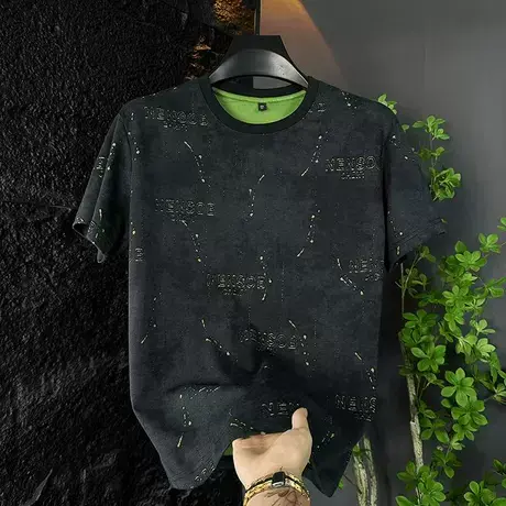 短袖T恤男士夏季新款潮牌男装烧花破洞时尚个性休闲撞色半袖体恤图片