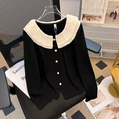 拉夏贝尔小香风针织长袖t恤女2024新款娃娃领上衣设计感气质衬衫图片