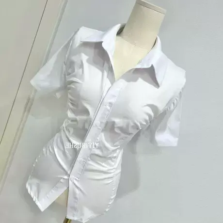现货 韩国东大门夏装新款气质显瘦女人味性感褶皱收腰短袖衬衫商品大图