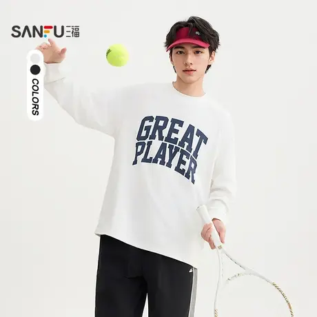 三福2025秋季男士英文印花长T恤 复古运动风圆领上衣506234商品大图