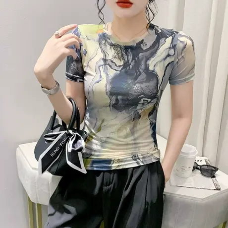 时尚拼色印花T恤女短袖2024夏季新款气质网纱小衫圆领修身上衣潮商品大图