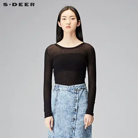sdeer圣迪奥秋装简约休闲圆领套头长袖薄款针织衫女S18183513图片