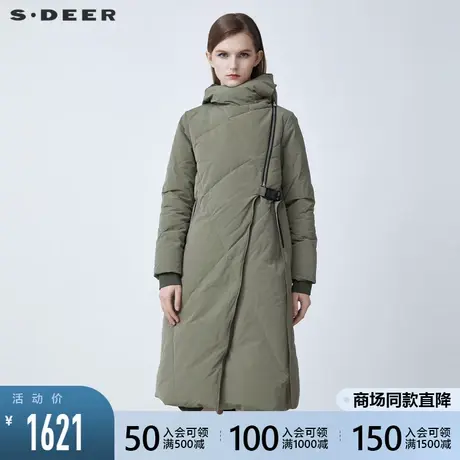 sdeer圣迪奥2021冬季新品高领连帽收腰拼接长款羽绒服女S21482461图片