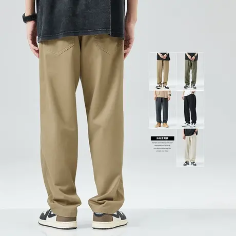 hansca直筒工装休闲裤男士纯棉宽松阔腿高街卡其色长裤子男春秋潮商品大图