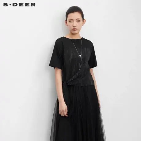 sdeer圣迪奥女装圆领雪纺印花拼接T恤S23260102图片