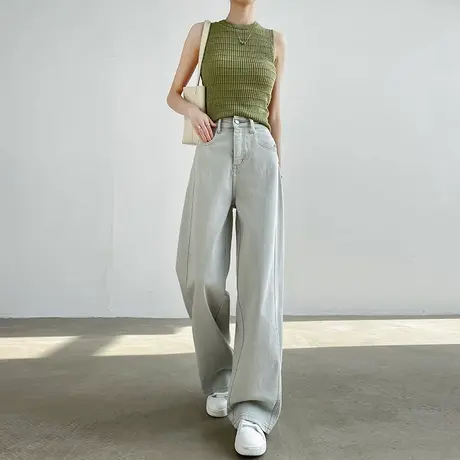 灰色阔腿牛仔裤女夏季薄款高腰宽松休闲垂感显瘦直筒弯刀拖地裤子图片