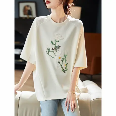 宝诗黎圆领蝙蝠袖刺绣拼接中袖T恤2025夏季宽松百搭棉质大码女装商品大图