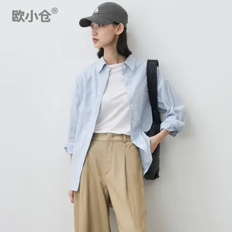 欧小仓 棉麻舒弹感蓝条纹衬衫 翻领长袖微落肩竖条衬衣商品大图