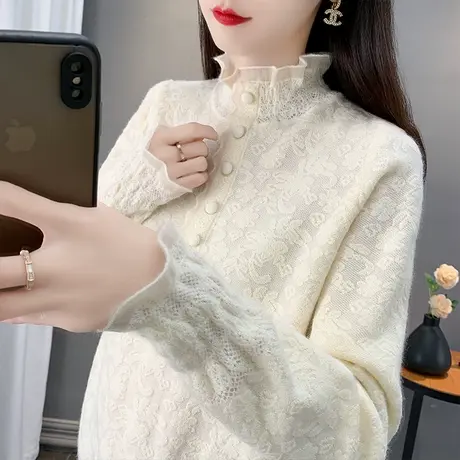 蕾丝半高领毛衣女打底衫2025春秋新款套头外穿针织衫内搭洋气上衣商品大图