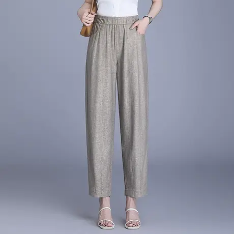 苎麻直筒小脚裤女夏季薄款2025新款松紧腰垂感显瘦九分休闲哈伦裤商品大图