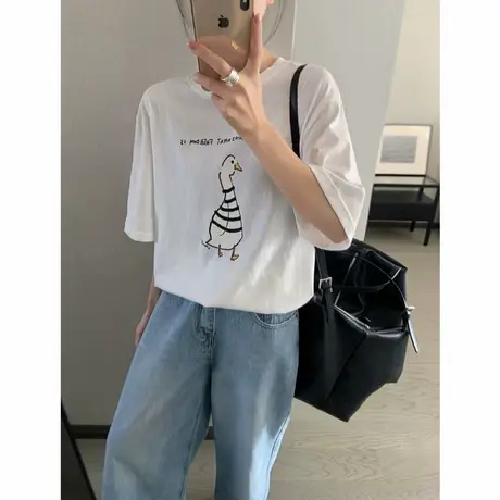 2025夏季韩国东大门小鸭简约韩系卡通字母印花上衣短袖T恤女上衣商品大图