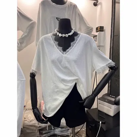 蕾丝花边拼接V领短袖T恤女夏季韩版宽松百搭休闲上衣打底衫ins潮商品大图