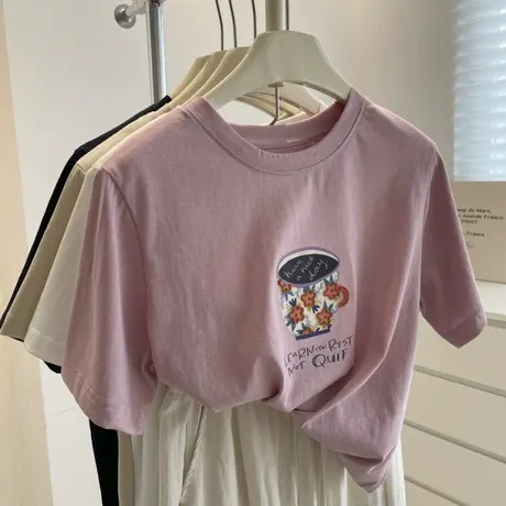 ju显白~韩系立体印花短袖tee女！夏季轻薄雪花棉圆领休闲上衣T恤图片